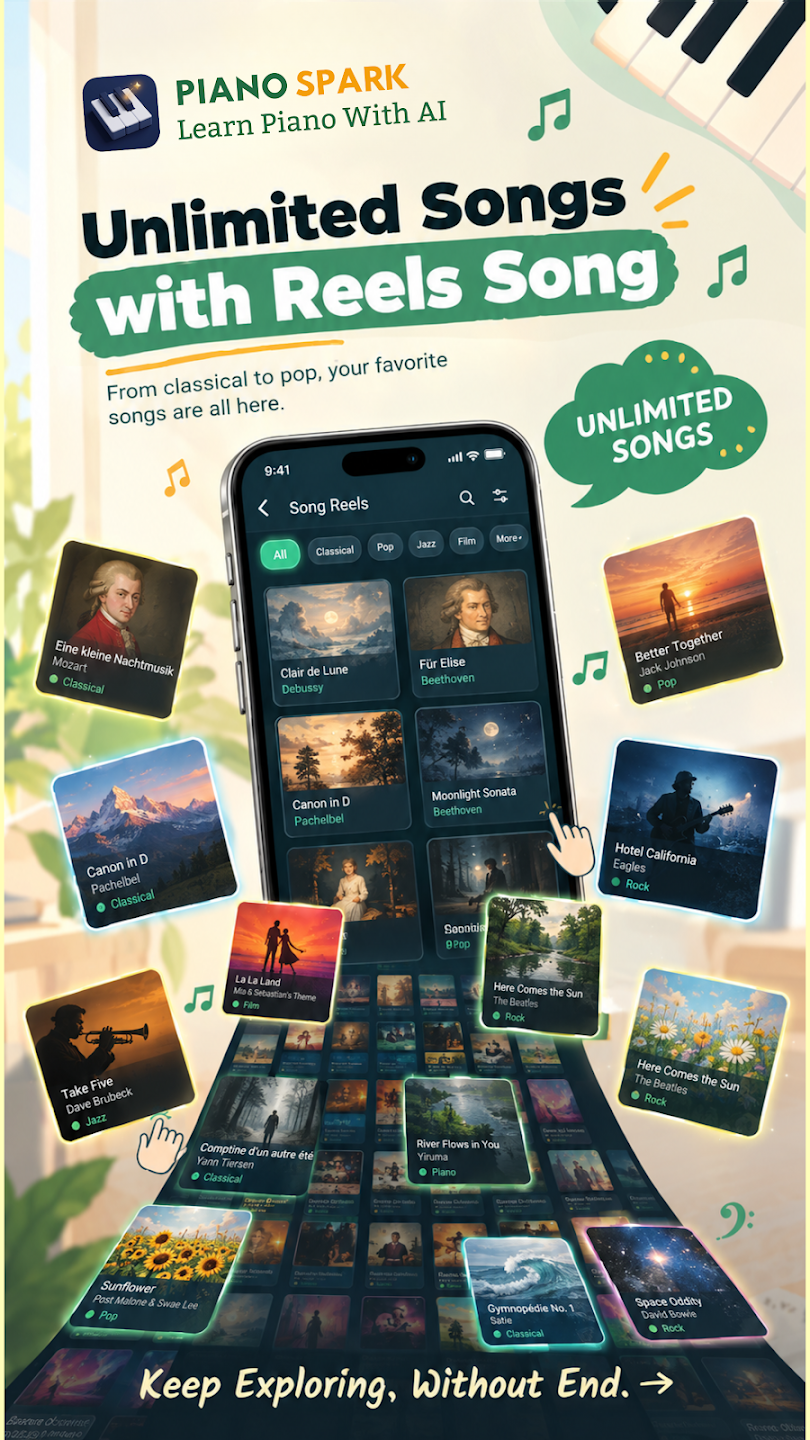 Piano Spark Song Reels screen featuring classical, pop, jazz, and movie soundtrack cards