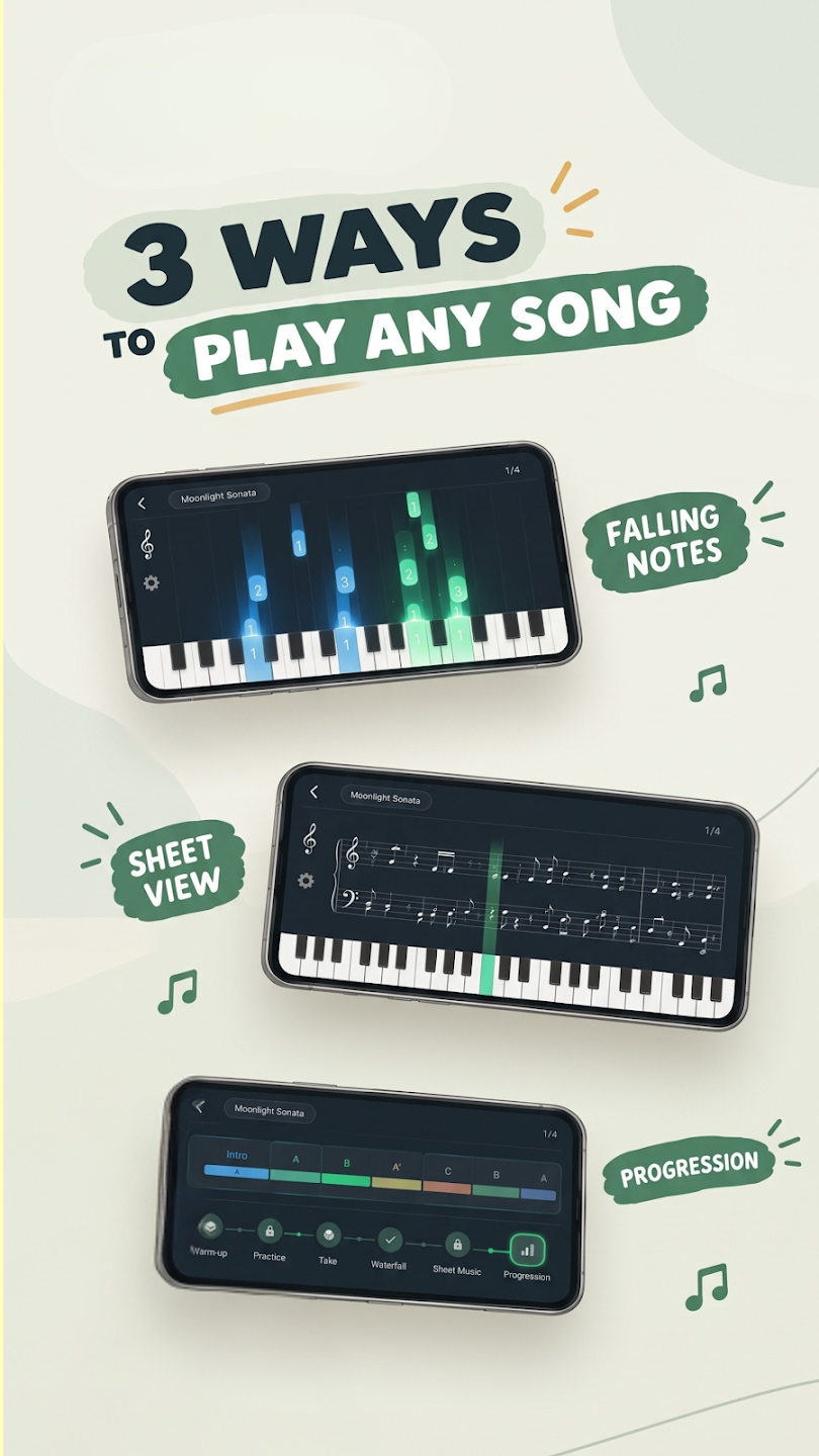 Piano Spark three play modes showing falling notes, interactive sheet view, and song progression