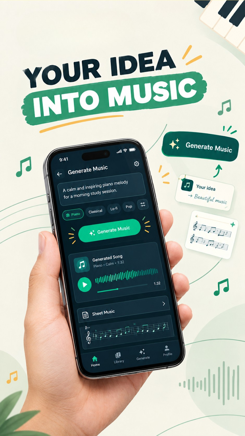 Piano Spark AI music generation prompt creating custom piano sheet music from user idea